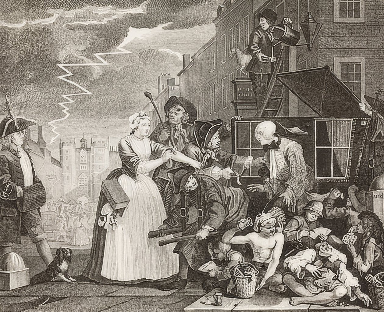 O progresso de um ancinho, ilustração 4: O ancinho preso, indo a tribunal, folha 4: Tom Rakewell preso e salvo. 1735 de William Hogarth