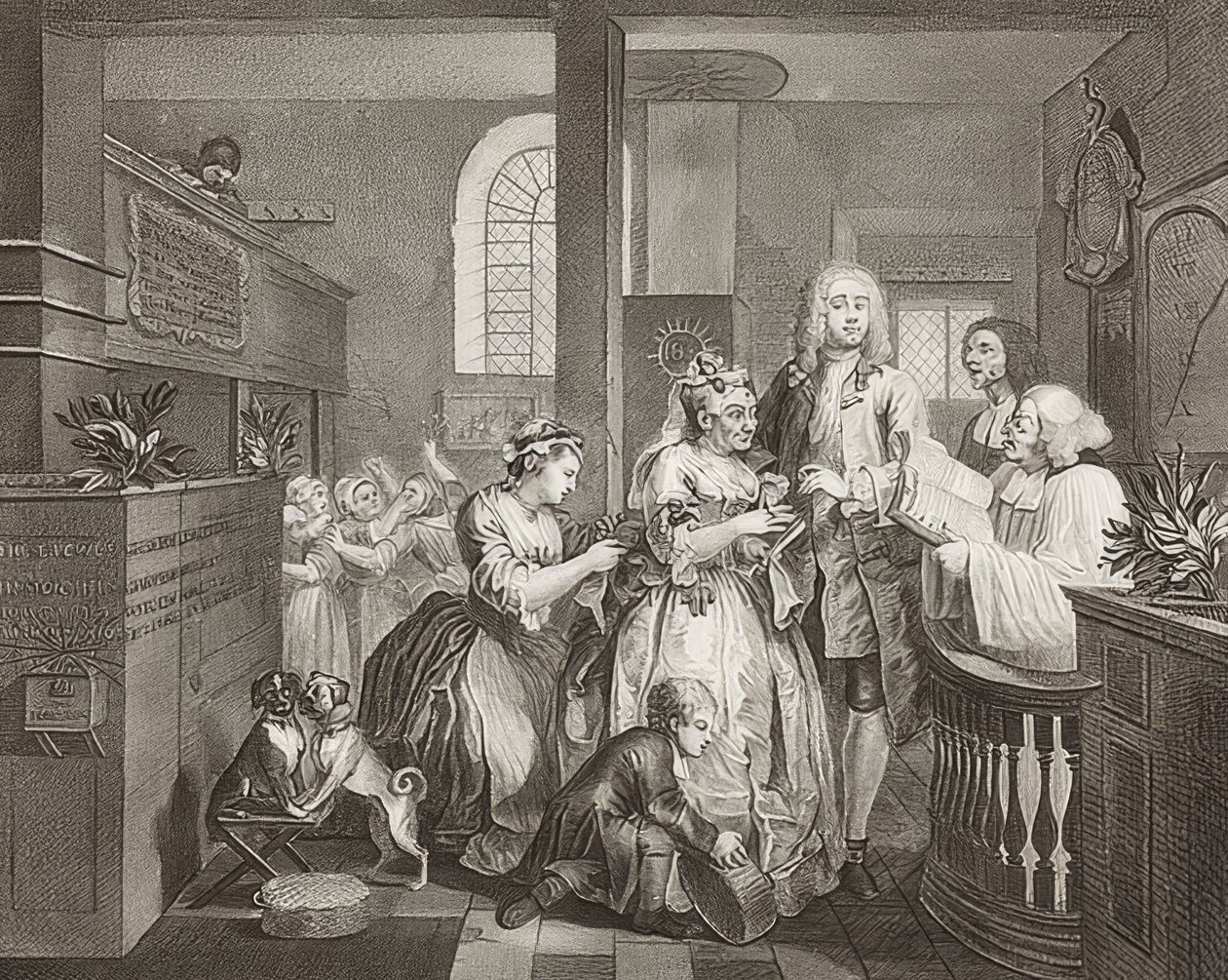 O progresso de um Rake, ilustração 5: O rake que se casa com uma velha - Folha 5: Tom Rakewell casa com uma velha rica). 1735 de William Hogarth