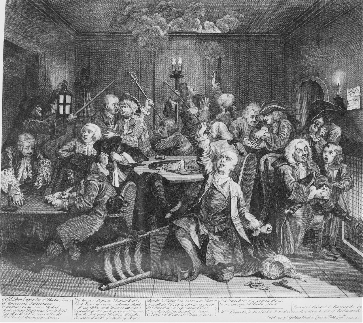 Progresso de um ancinho, ilustração 6, cena em uma casa de jogos de William Hogarth
