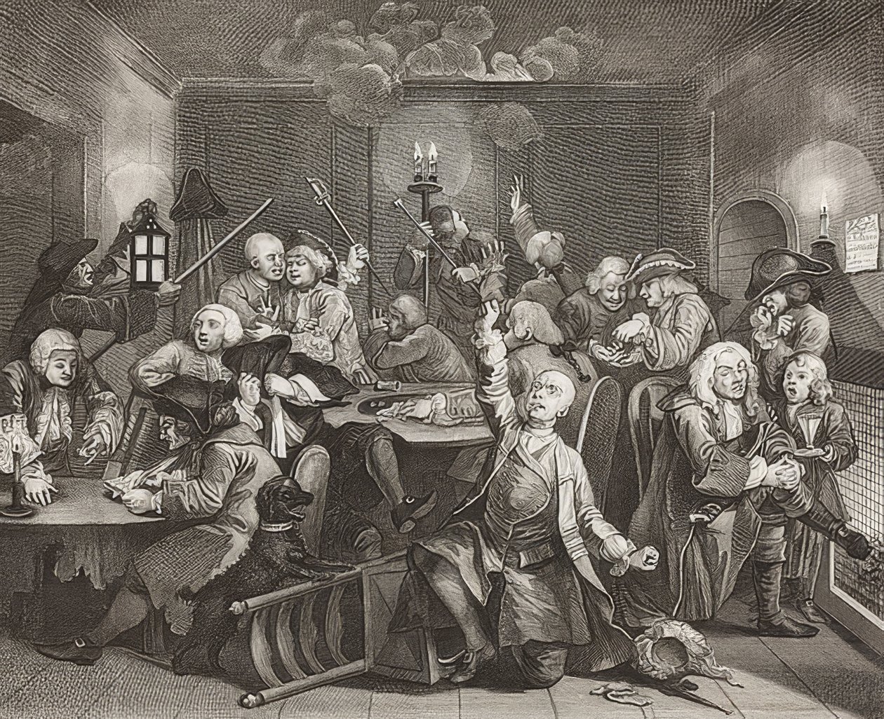 O progresso de um Rake, ilustração 6: O rake em uma casa de jogos - Folha 6: Tom Rakewell em um salão de jogos. 1735 de William Hogarth