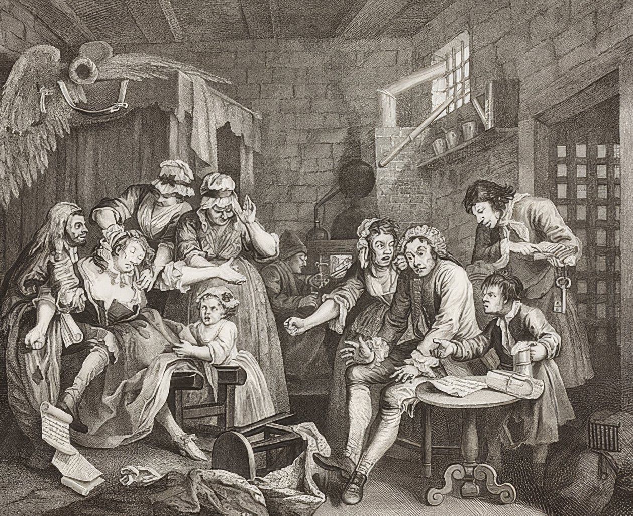 O progresso de um ancinho, ilustração 7: O ancinho na prisão - Folha 7: Tom Rakewell na prisão. 1735 de William Hogarth