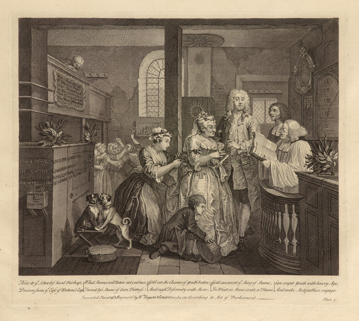 A Rakes Progress, Plate V, junho de 1735 (gravura e água-forte sobre papel vegetal, estado i) de William Hogarth