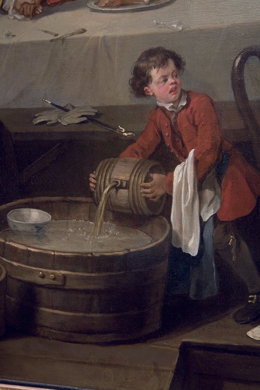 Um scullion distraído despeja um barril de conhaque em um meio barril de sujeira, detalhes de uma eleição, cena I, um entretenimento de eleição, 1744-45 de William Hogarth
