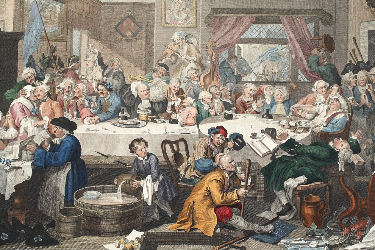 Um entretenimento da eleição, ilustração de "Hogarth restaurado: Todo obras do célebre William Hogarth, re-gravado por Thomas Cook", pub. 1812 (gravura colorida à mão) de William Hogarth