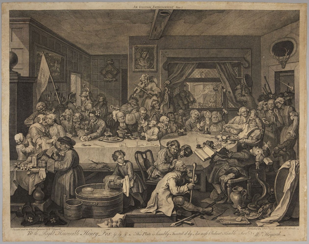 Um banquete eleitoral, estampa 1 da série Quatro gravuras de uma eleição de William Hogarth