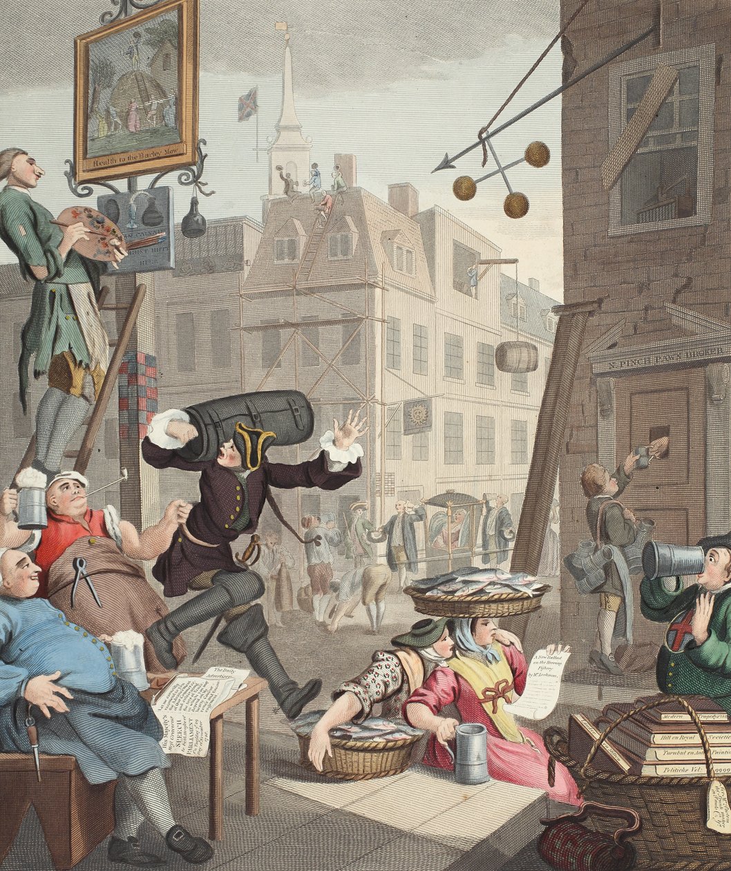 Beer Street, ilustração de &39;Hogarth restaurado: as obras inteiras do célebre William Hogarth, re-gravado por Thomas Cook&39;, pub. 1812 (gravura colorida à mão) de William Hogarth