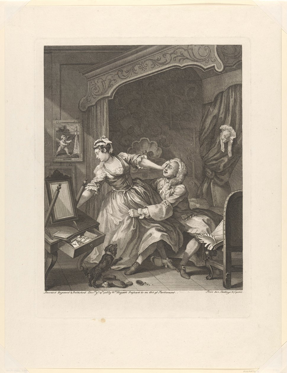 "Antes da" Homem puxa uma mulher relutante para ele em um quarto antes (título no objeto) Antes e depois (título da série) Antes e depois (título da série) de William Hogarth