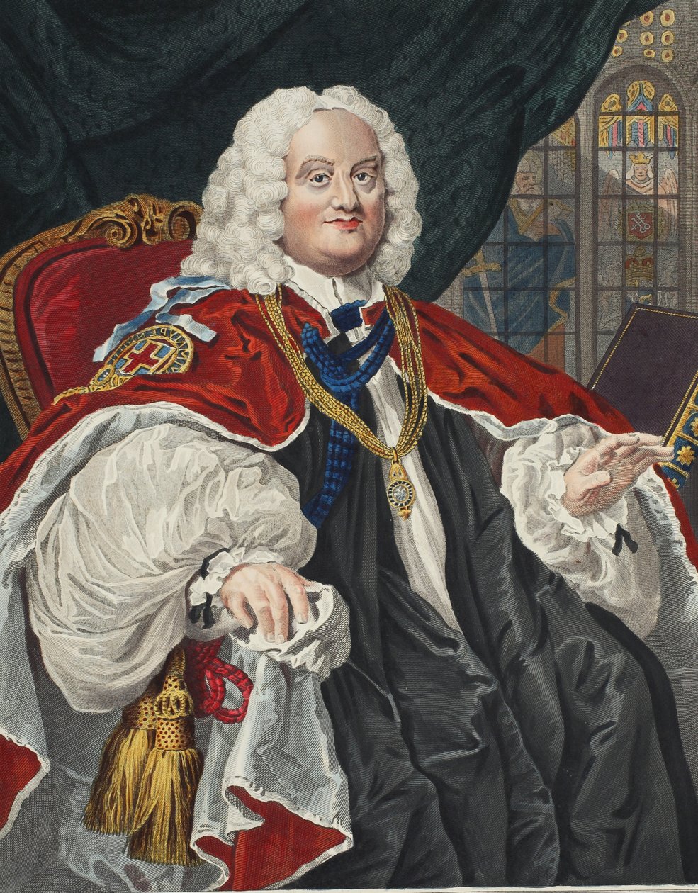 Benjamin Hoadly, ilustração de &39;Hogarth restaurado: as obras inteiras do célebre William Hogarth, re-gravado por Thomas Cook&39;, pub. 1812 (gravura colorida à mão) de William Hogarth