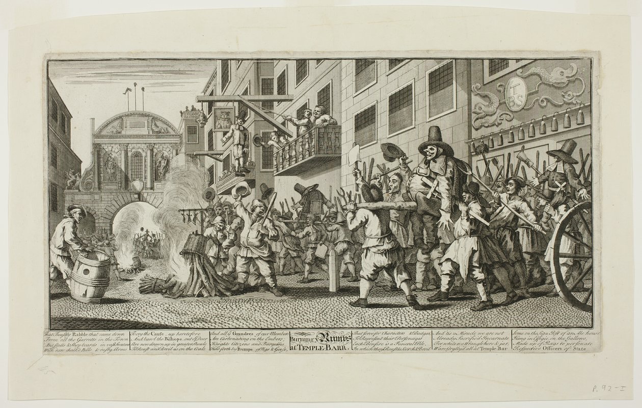 Queimando os cotos em Temple Bar, placa onze de Hudibras de William Hogarth