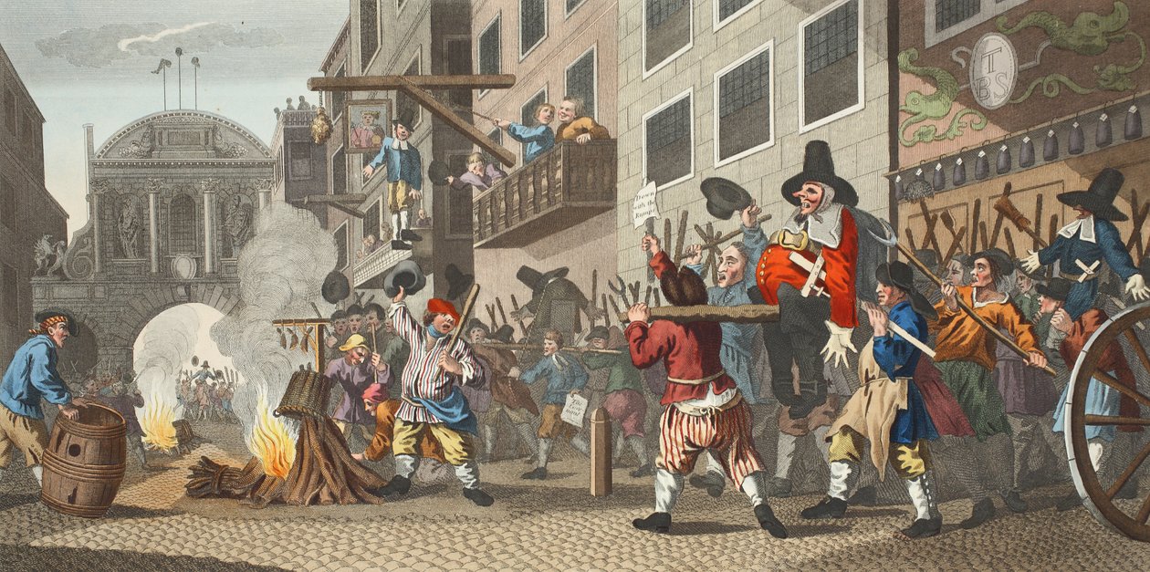 Burning ye Rumps em Temple-Barr, ilustração de &39;Hogarth restaurado: Todo obras do célebre William Hogarth, re-gravado por Thomas Cook&39;, pub. 1812 (gravura colorida à mão) de William Hogarth