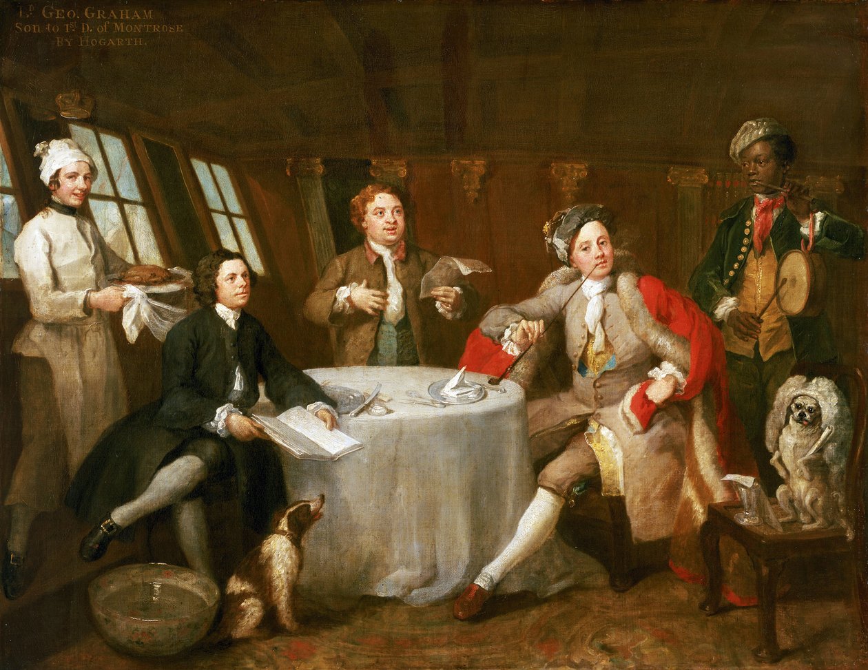 O capitão George Graham (1715-1747), na cabina do seu navio "Nottingham", pintura comemorativa da sua vitória ao largo de Ostende (Bélgica), em junho de 1745, sobre uma esquadra comercial francesa com um rico saque de William Hogarth