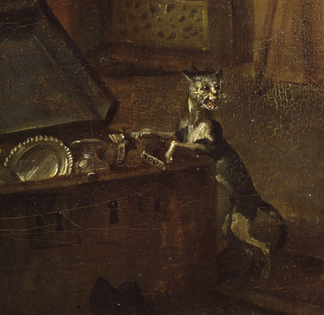 Gato com peito, detalhe de A Rakes Progress I: O Rake Taking Posse de sua propriedade, 1733 óleo sobre tela detalhe de 72326 de William Hogarth