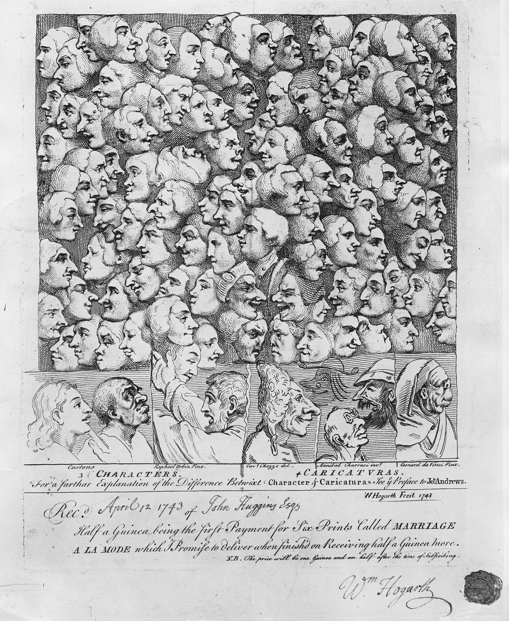 Personagens e Caricaturas, publicado em abril de 1743 de William Hogarth