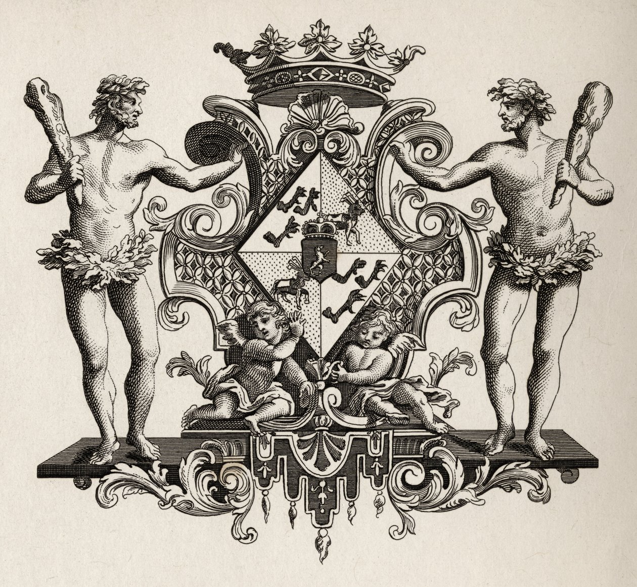 Brasão de armas da duquesa de Kendal, de "The Works of Hogarth", publicado em 1833 de William Hogarth