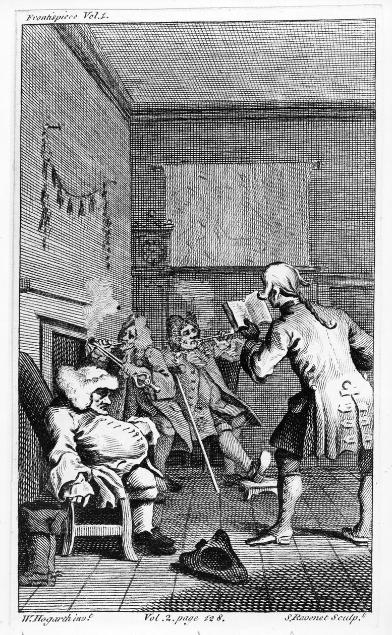Cabo Trim lendo um sermão, frontispício de &39;A vida e as opiniões de Tristram Shandy, Gentleman&39; por Laurence Sterne, gravado por Simon Francois Ravenet, 1759 de William Hogarth