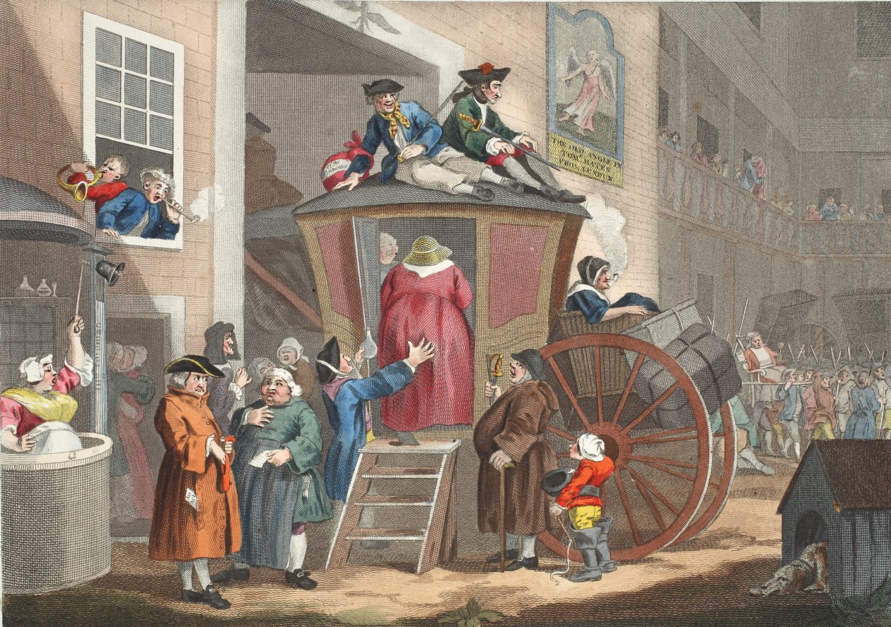 Pátio da pensão do país, ilustração de &39;Hogarth restaurado: As obras inteiras do celebrado William Hogarth, re-gravado por Thomas Cook&39;, bar. 1812 (gravura colorida à mão) de William Hogarth