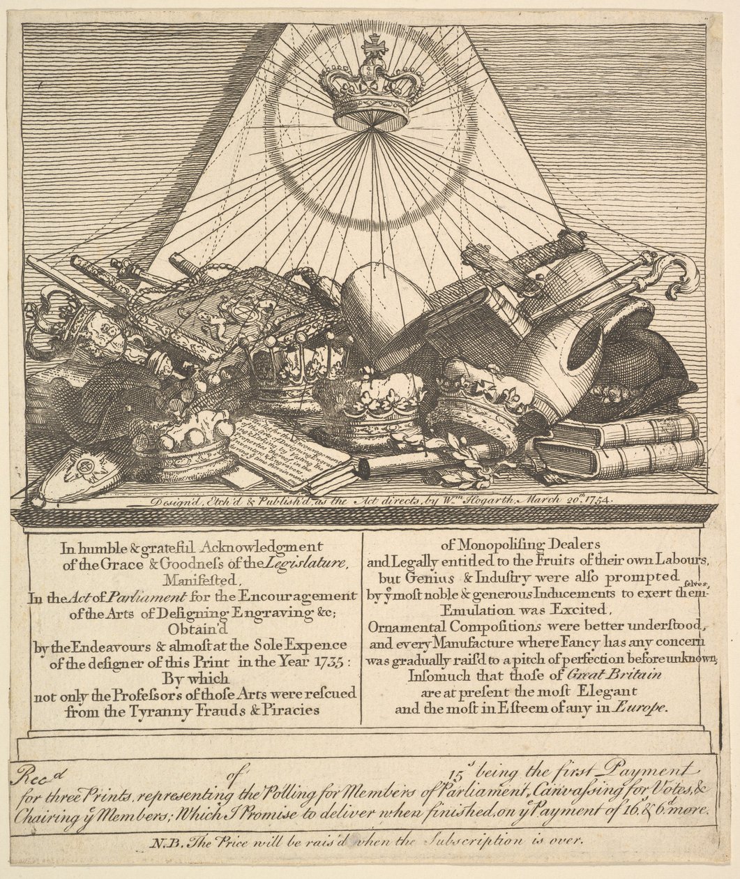Coroas, mitros, maças, etc., 1755. de William Hogarth