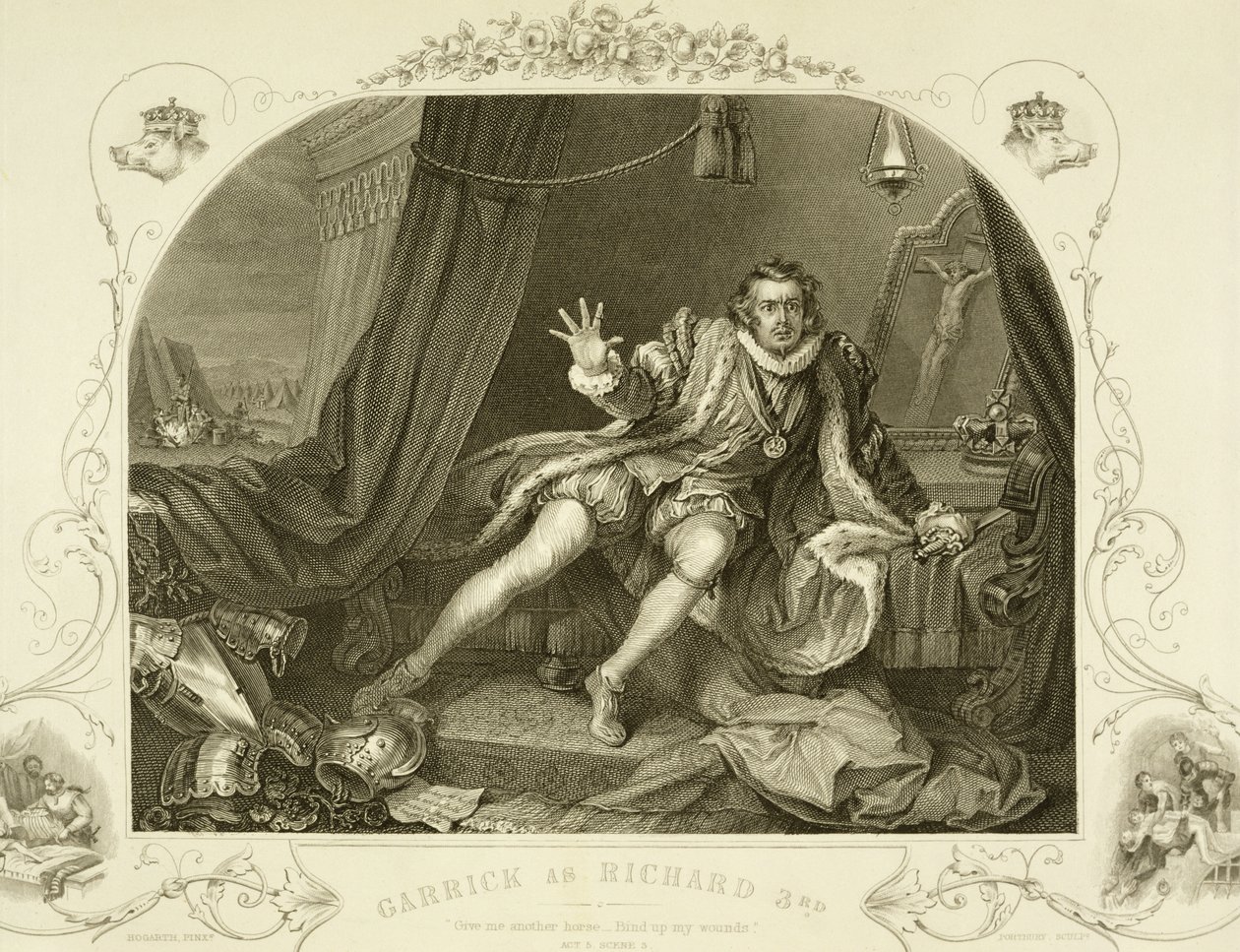 David Garrick (1717-79) como Richard III, Act V Scene 3, na peça de William Shakespeare (1564-1616) gravada por Portbury de William Hogarth