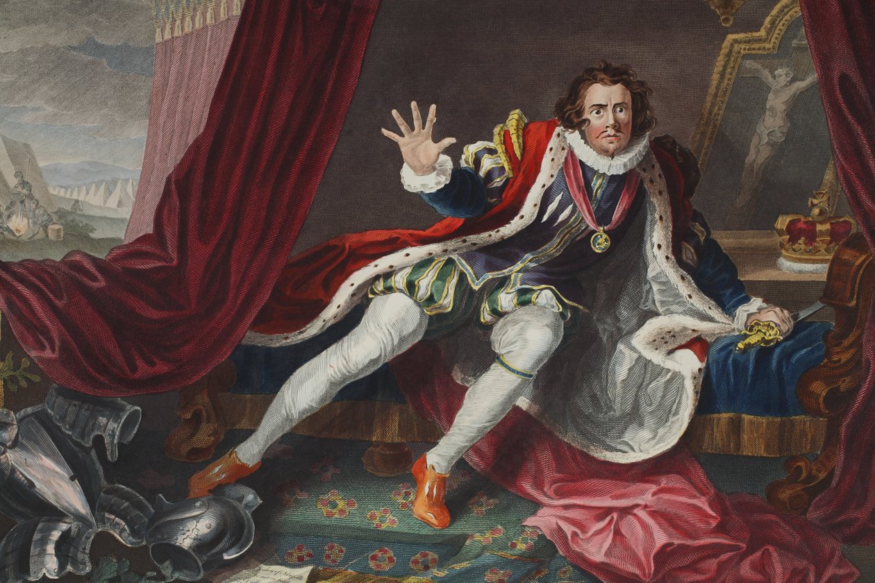 David como Richard III, ilustração de &39;Hogarth restaurado: as obras inteiras do célebre William Hogarth, re-gravado por Thomas Cook&39;, pub. 1812 (gravura colorida à mão) de William Hogarth