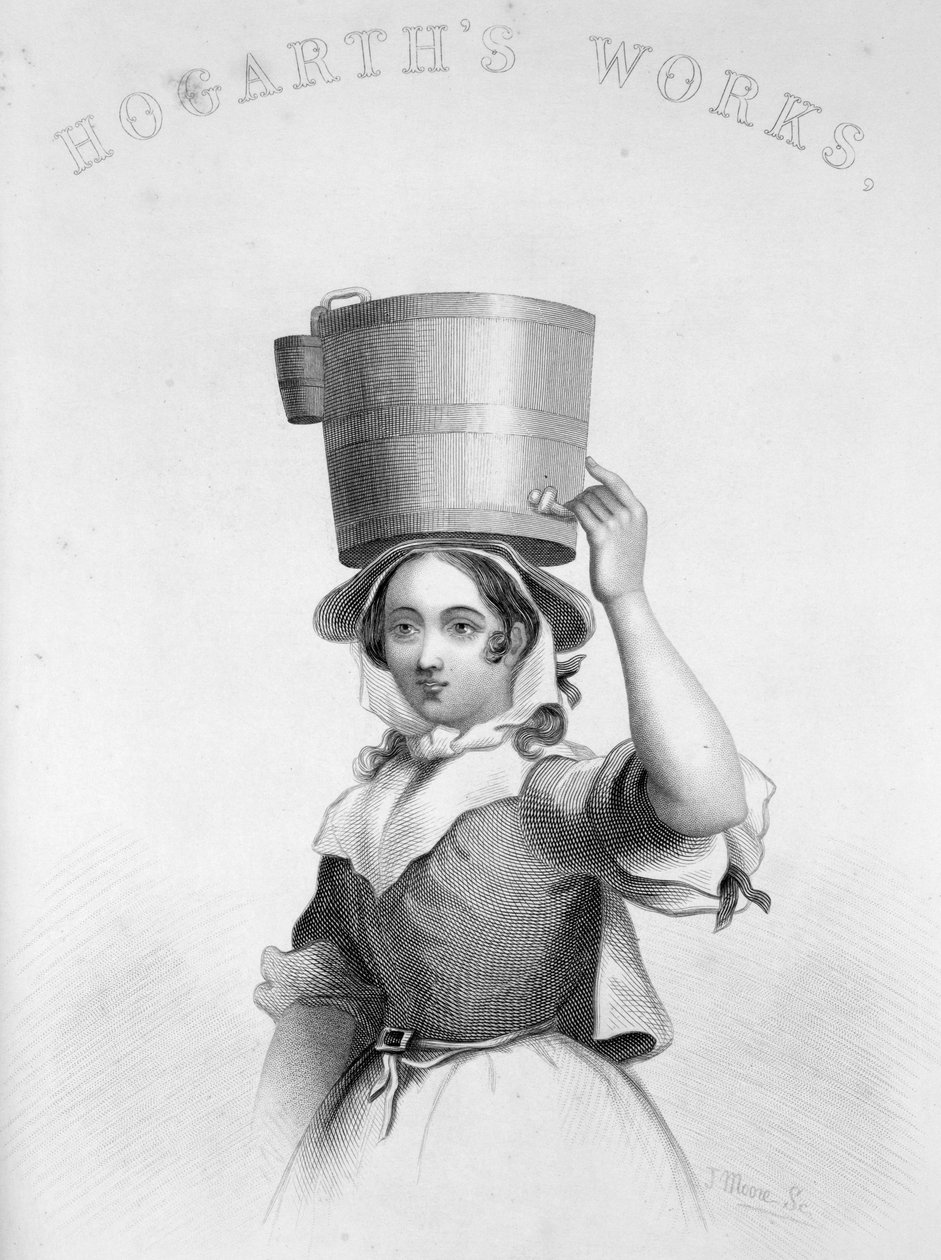 Representação de J Moore como gravura da Leiteira de Hogarth, Músico Enfurecido de William Hogarth