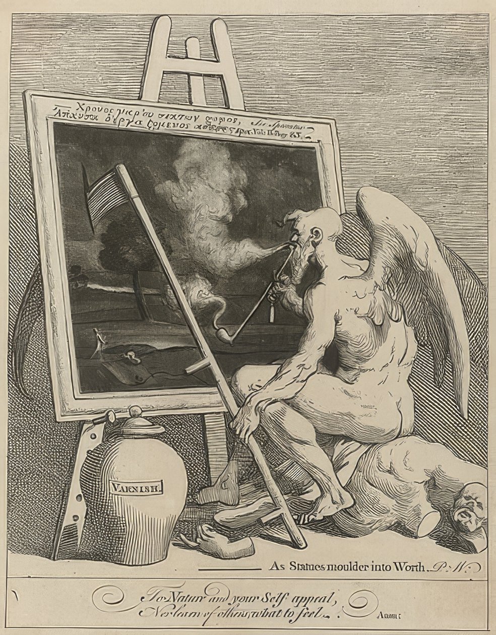 O deus do tempo fuma uma pintura (Time Smoking a Picture). 1761 de William Hogarth
