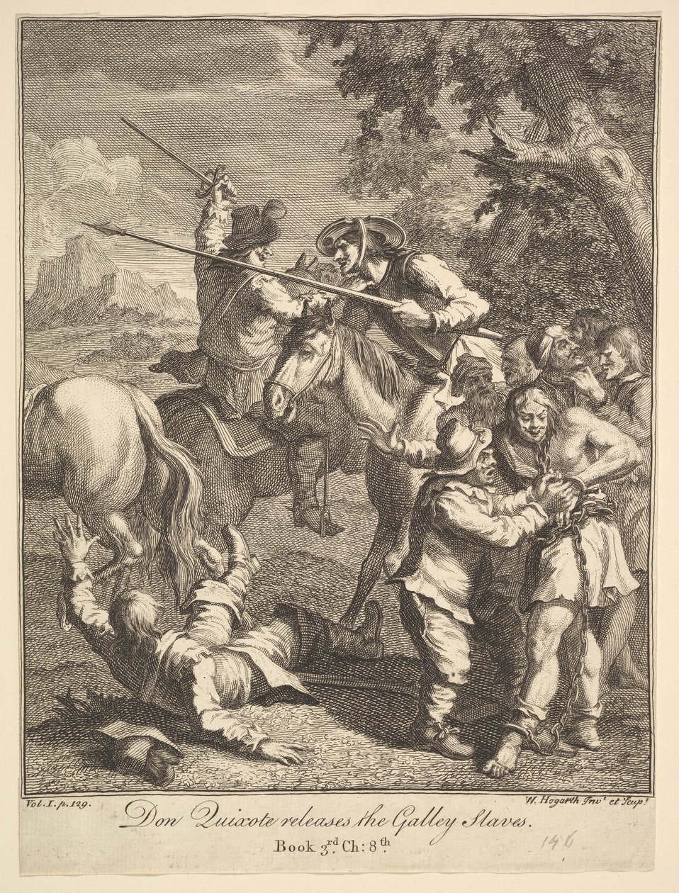Don Quixote lança as Seis Ilustrações dos Escravos da Galera para Don Quixote, 1756 ou depois. de William Hogarth