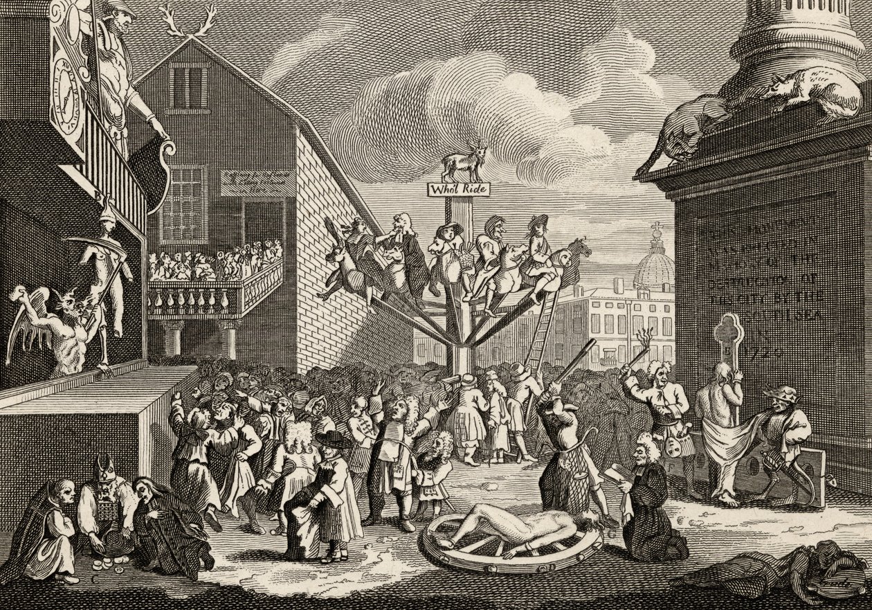 Gravura emblemática do Mar do Sul, de "The Works of William Hogarth", publicada em 1833 (litografia) de William Hogarth