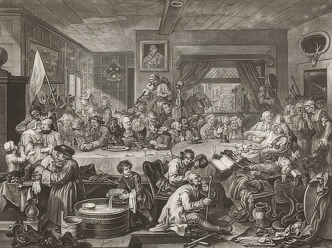 Quatro impressões de uma eleição. Folha 1: Um entretenimento eleitoral. 1755 de William Hogarth