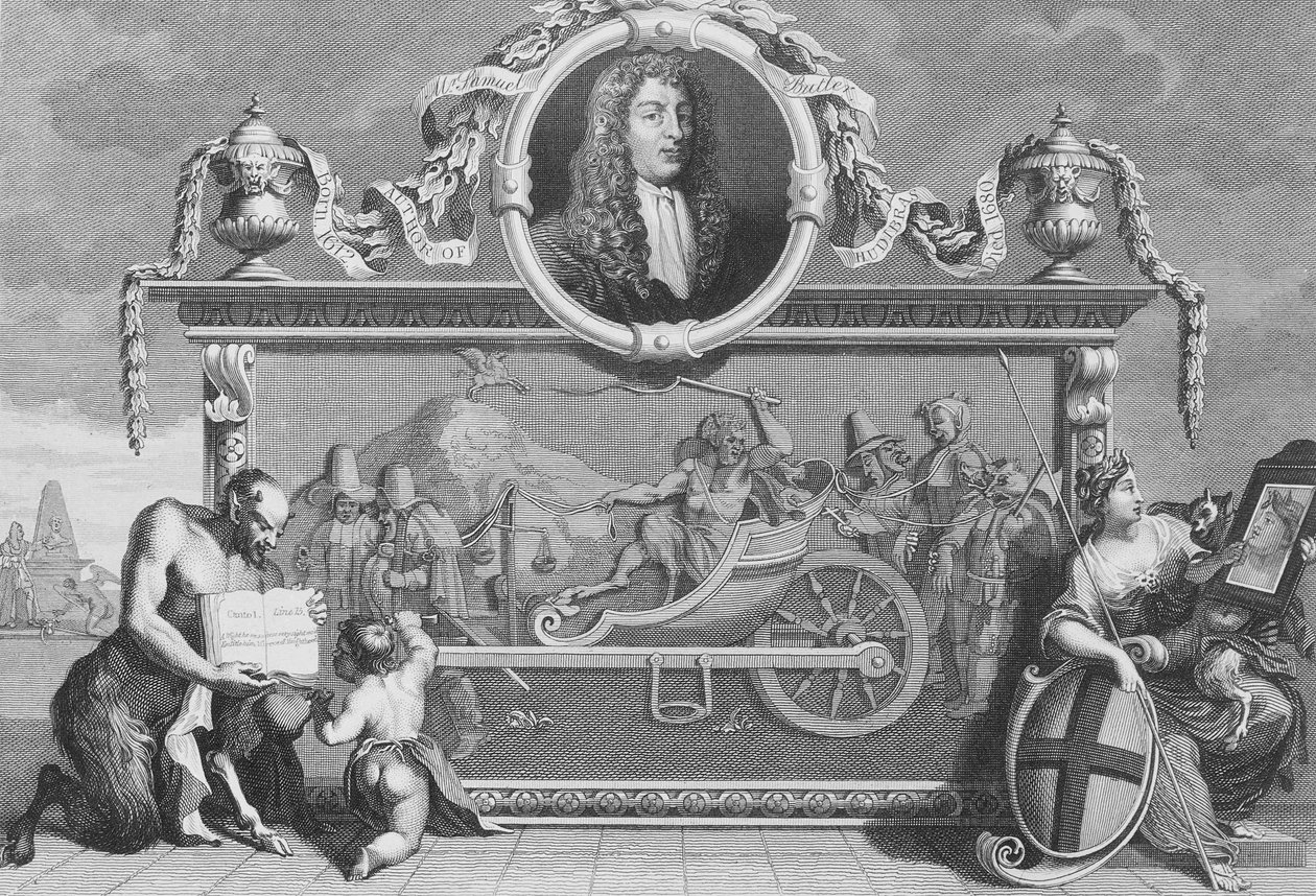 Frontispício para &39;Hudibras&39;, incluindo um retrato de Samuel Butler, gravado por Cosmo Armstrong de William Hogarth