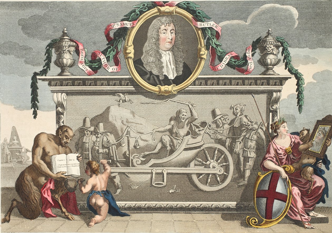 Frontispício para &39;Hudibras&39;, incluindo um retrato de Samuel Butler, ilustração de &39;Hogarth restaurado: as obras inteiras do célebre William Hogarth, re-gravado por Thomas Cook&39;, pub. 1812 (mão de William Hogarth