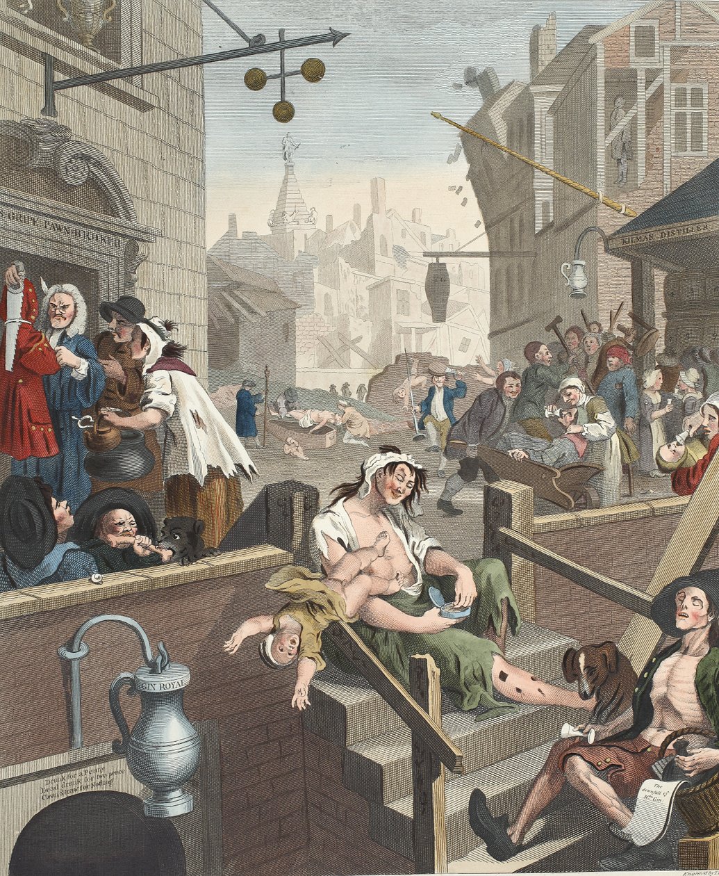 Gin Lane, ilustração de &39;Hogarth restaurado: Obras inteiras do célebre William Hogarth, re-gravado por Thomas Cook&39;, pub. 1812 (gravura colorida à mão) de William Hogarth