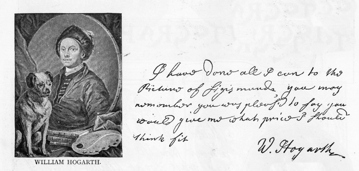 Caligrafia e assinatura de William Hogarth, de uma carta a Sir Richard Grosvenor referente à encomenda de uma foto de Sigismunda, em 13 de junho de 1757 (caneta e tinta no papel) (ver também 396067) de William Hogarth