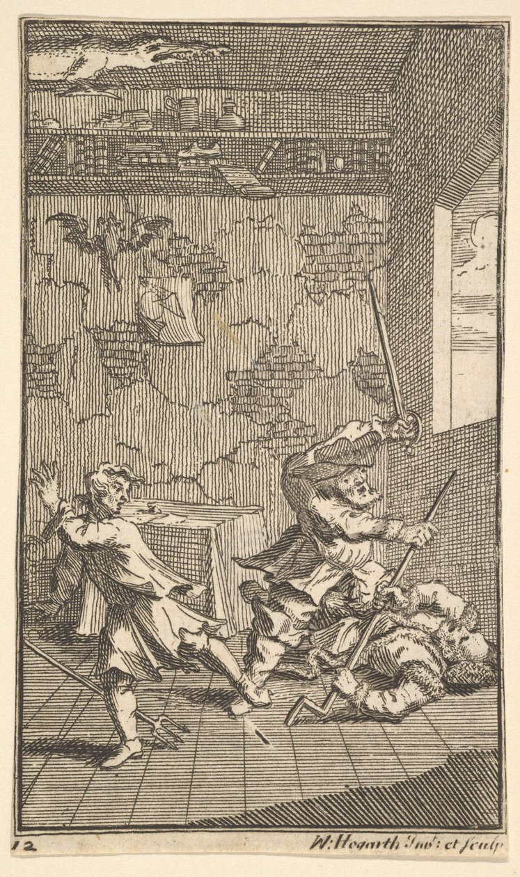 Hudibras batendo Sidrophel e Whachum dezessete ilustrações pequenas para Samuel Butler ..., 1721-26. de William Hogarth