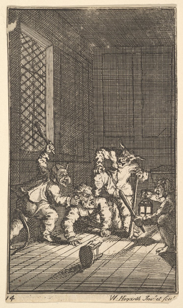 Hudibras catequizou dezessete pequenas ilustrações para Samuel Butlers Hudibras, no. 14, 1721-26. de William Hogarth