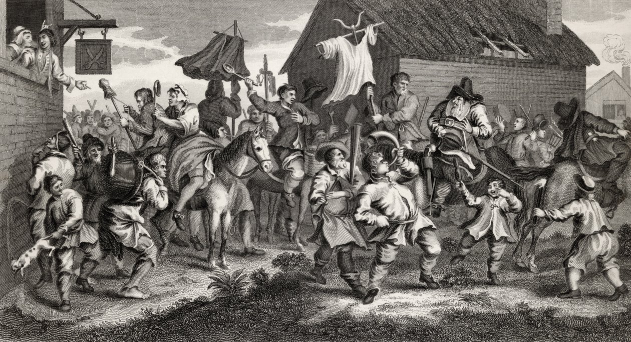 Hudibras Encontra o Skimmington, gravado por TE Nicholson, de &39;Hudibras&39;, de Samuel Butler (1612-1680), de &39;The Works of Hogarth&39;, publicado em 1833 de William Hogarth