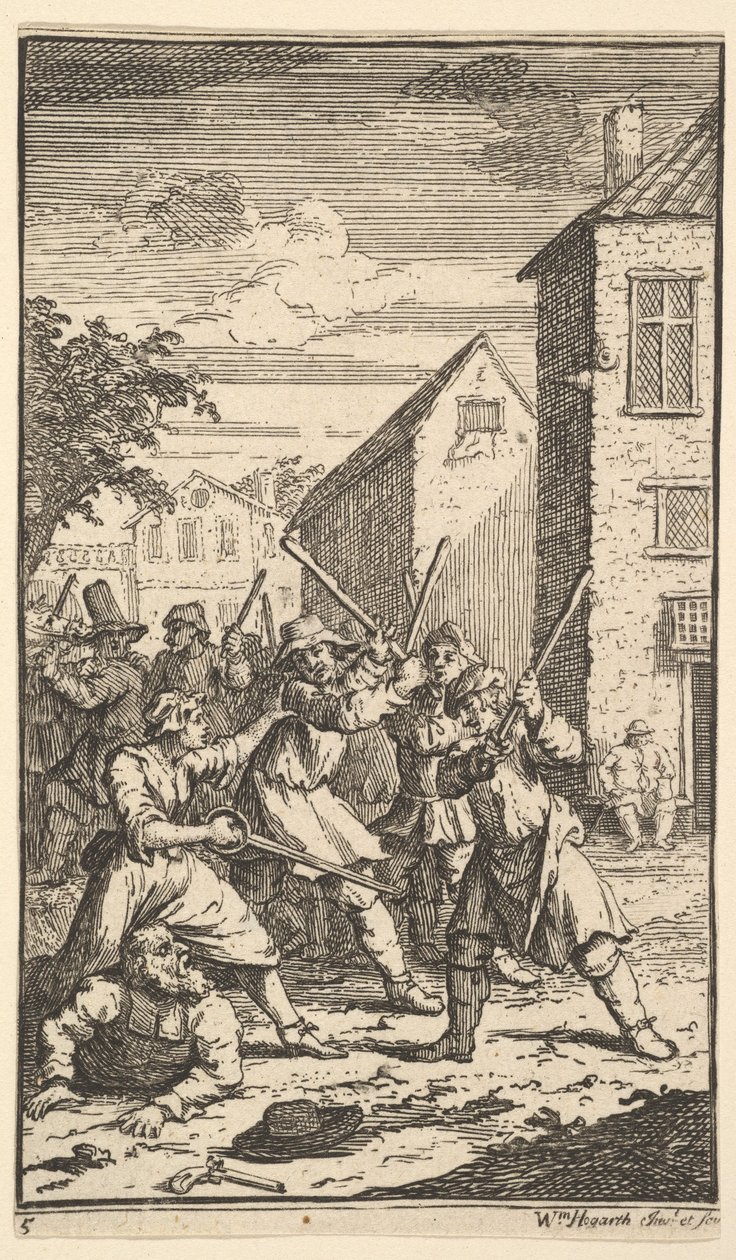 Hudibras vencido por Trulla Dezessete pequenas ilustrações de Samuel Butlers Hudibr ..., 1721-26. de William Hogarth