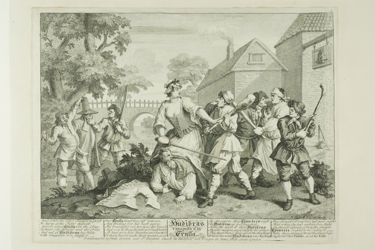 Hudibras vencido por Trulla, prato cinco de Hudibras de William Hogarth