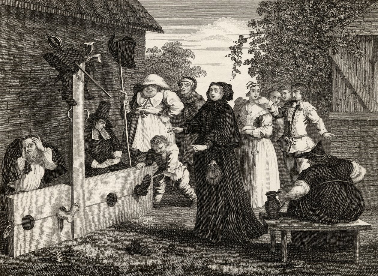 Hudibras e Ralpho em Stocks, de "Hudibras", de Samuel Butler (1612-1680), gravado por J. Romney, de "As Obras de William Hogarth", publicado em 1833 de William Hogarth