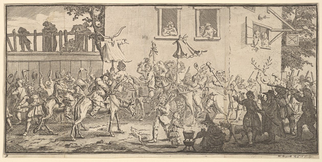 Hudibras e as dezessete ilustrações pequenas de Skimmington para Samuel Butlers Hudibra ..., 1721-26. de William Hogarth