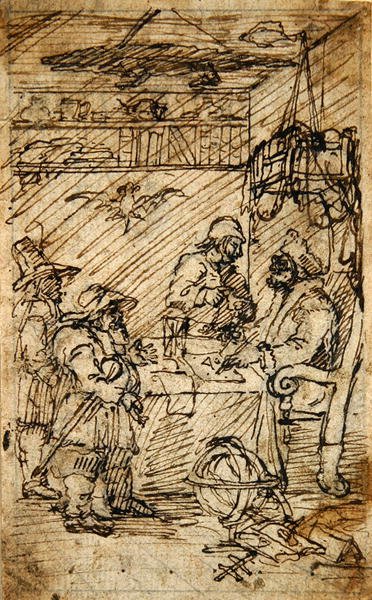 Hudibras visitando Sidrophel (caneta e tinta marrom sobre lápis sobre papel) de William Hogarth