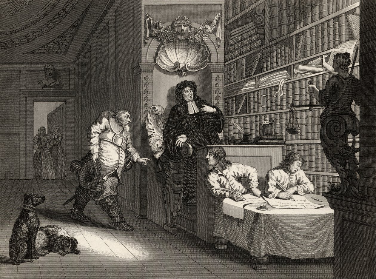 Hudibras com o advogado, de &39;Hudibras&39; por Samuel Butler (1612-1680) gravado por George Presbury, de &39;The Works of William Hogarth&39;, publicado em 1833 de William Hogarth