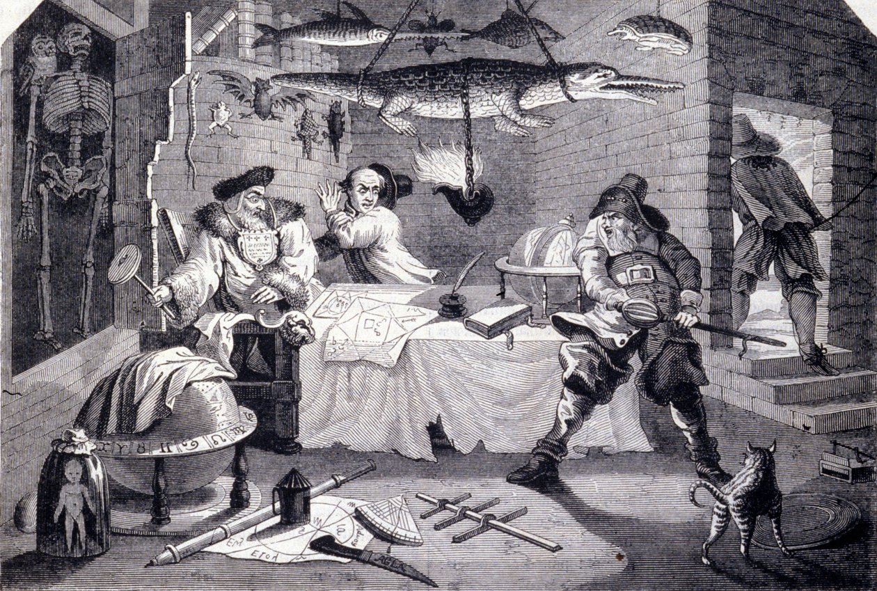 Hudribas ataca o astrólogo Sidrophel e o seu criado Whacum. Gravura de William Hogarth (1697-1764) para o poema "Hubridas" de Samuel Butler (século XVII). Por volta de 1725 de William Hogarth