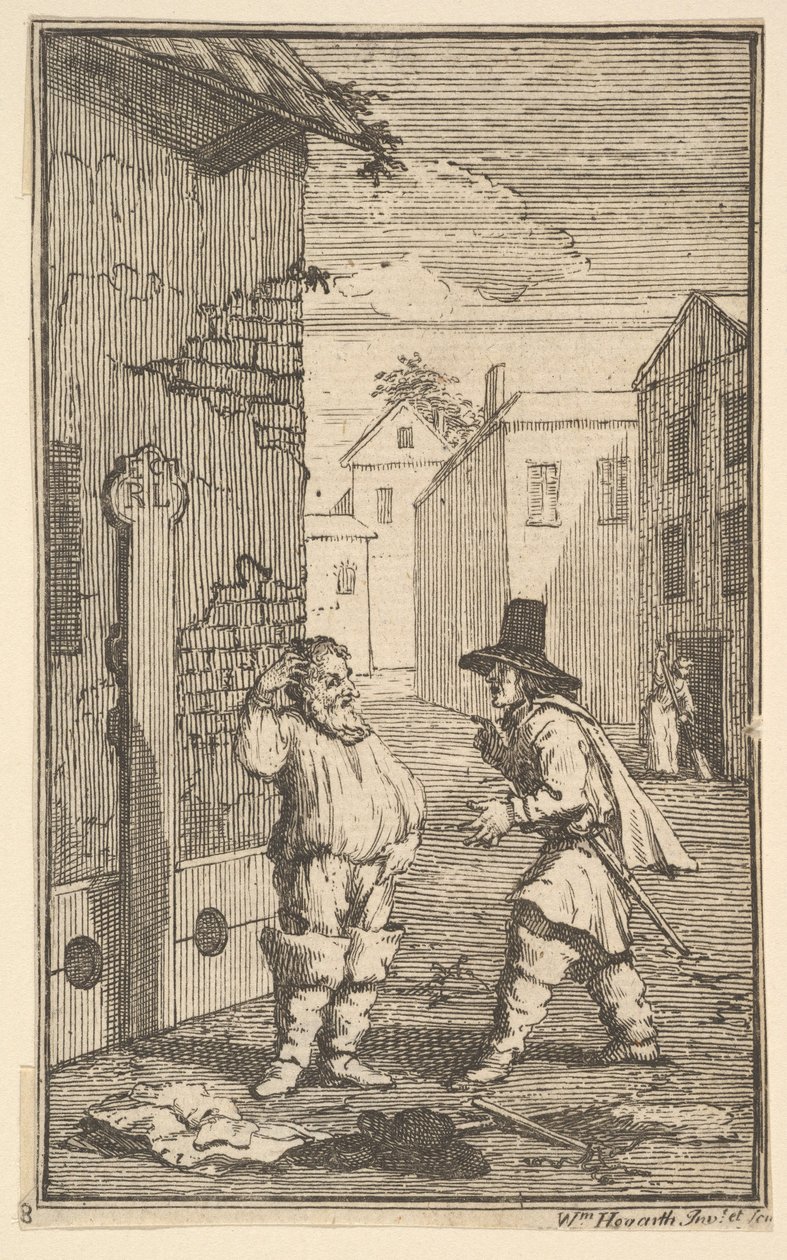 Hudubras e Ralpho disputando dezessete pequenas ilustrações de Samuel Butlers Hudibr ..., 1721-26. de William Hogarth