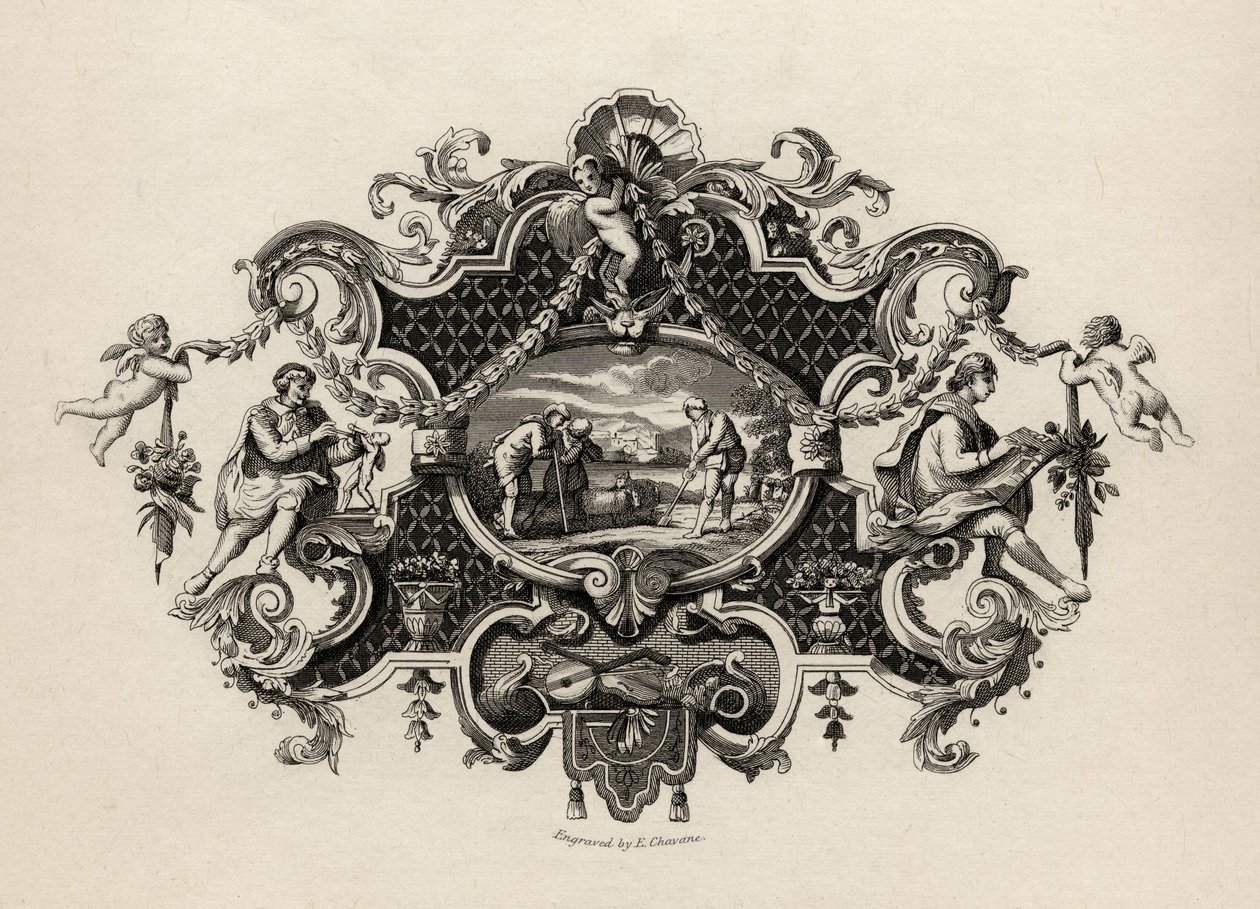 Impressão de uma caneca de prata, gravada por E. Chavane, de "The Works of William Hogarth", publicada em 1833 de William Hogarth