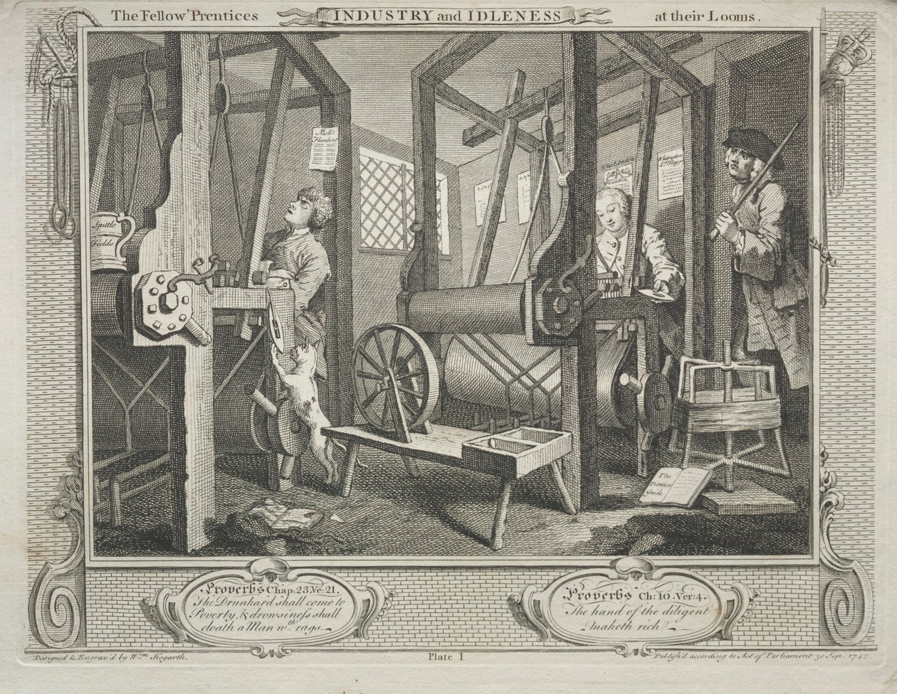 Indústria e ociosidade: os companheiros aprendizes em seus teares, 1747. de William Hogarth