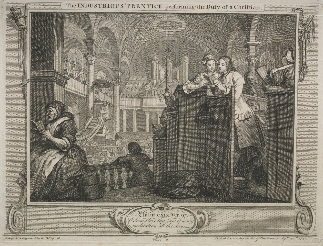 Indústria e ociosidade: o aprendiz industrioso cumprindo o dever de um cristão, 1747. de William Hogarth