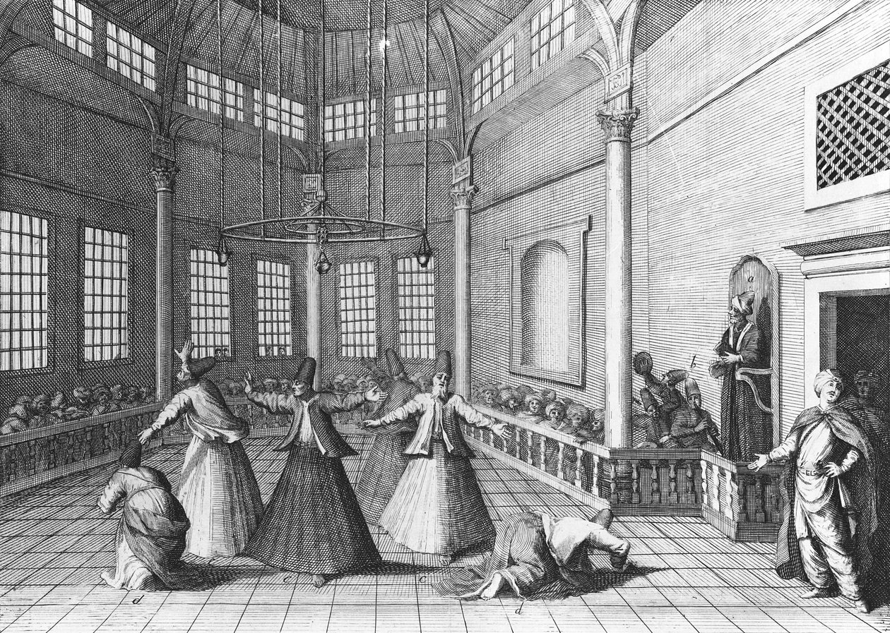 Dentro de uma mesquita turca, ilustração de "Viaja pela Europa, Ásia e parte da África", de Aubry de la Mottraye, publicada em 1723 de William Hogarth