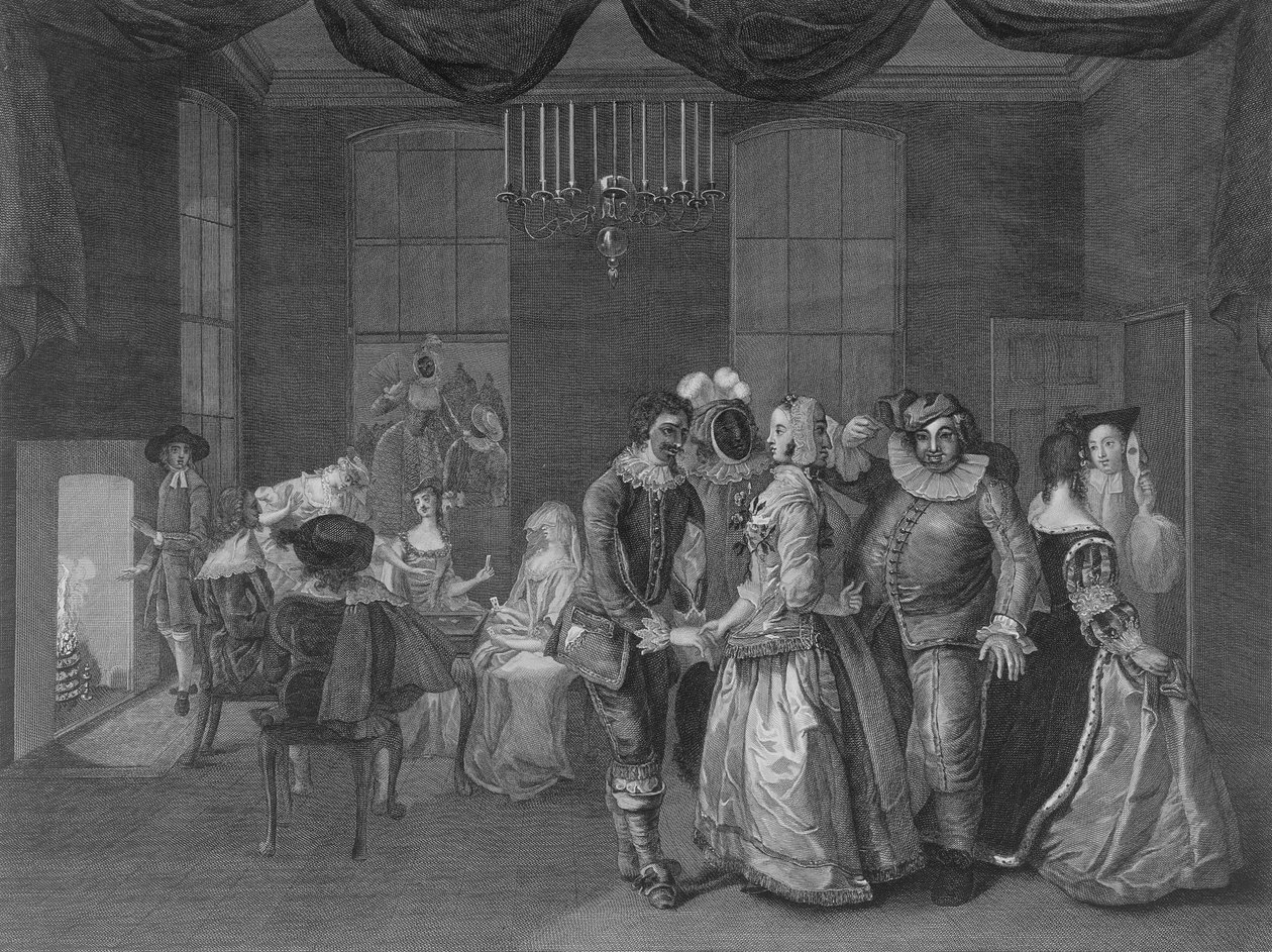 Vista interior, de, somerset, casa, mostrando, figuras, vestido, para, um, mascarada, 1805 de William Hogarth