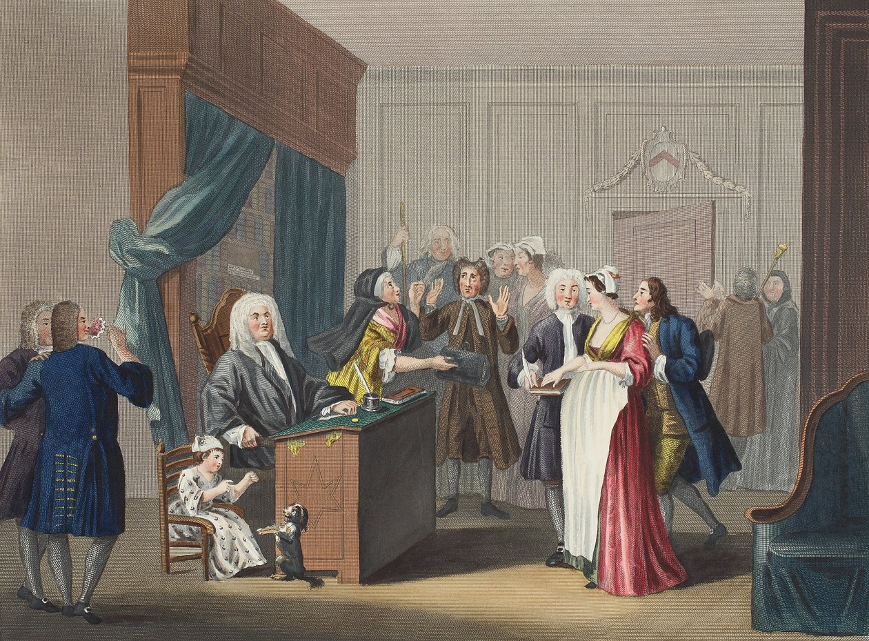 Justiça triunfos, ilustração de &39;Hogarth restaurado: todo obras do célebre William Hogarth, re-gravado por Thomas Cook&39;, pub. 1812 (gravura colorida à mão) de William Hogarth