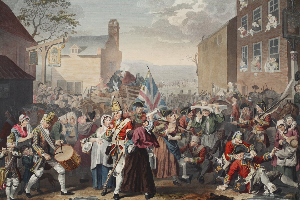 Março dos guardas a Finchley, ilustração de "Hogarth restaurado: As obras inteiras do célebre William Hogarth, re-gravado por Thomas Cook", pub. 1812 (gravura colorida à mão) de William Hogarth